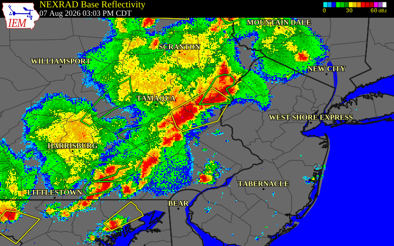 NEXRAD radar during the Friday, August 7, 2026 storm activity in Lehigh County, Pennsylvania