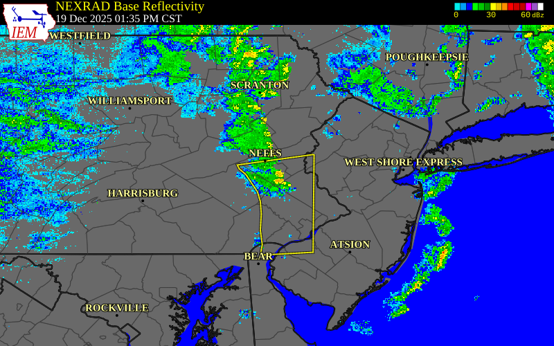 Radar snapshot during the Dec 19, 2025 wind event near Queen City Airport, Lehigh County, Pennsylvania, with NWS warning polygons
