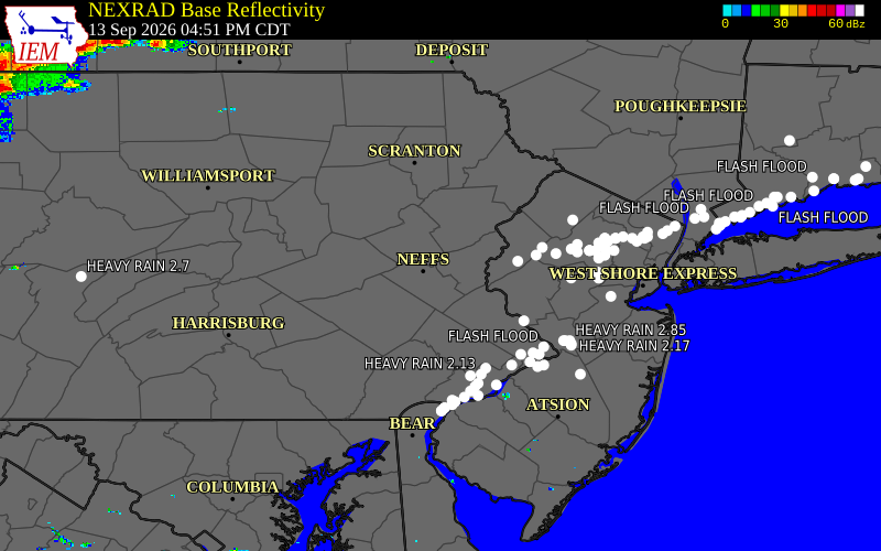 Current NEXRAD radar over Lehigh County, Pennsylvania with recent storm report locations