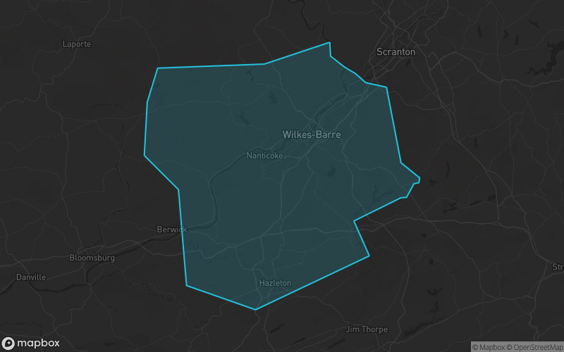 Map of Luzerne County, Pennsylvania showing the county boundary and surrounding cities