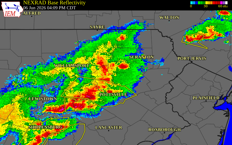 NEXRAD radar during the Saturday, June 6, 2026 storm activity in Luzerne County, Pennsylvania