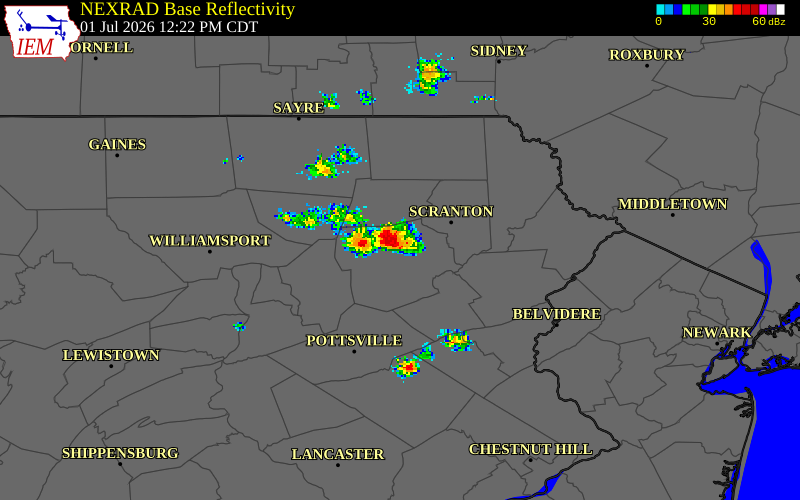 NEXRAD radar during the Wednesday, July 1, 2026 storm activity in Luzerne County, Pennsylvania