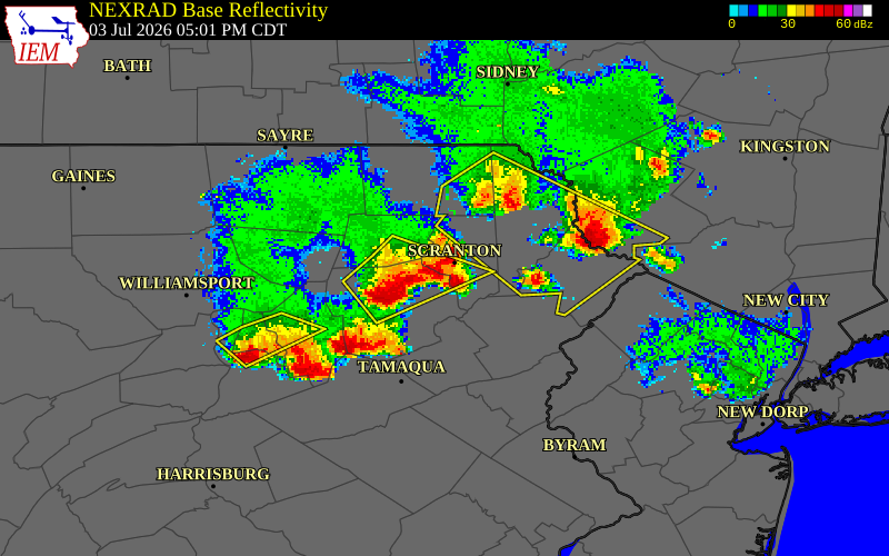 NEXRAD radar during the Friday, July 3, 2026 storm activity in Luzerne County, Pennsylvania