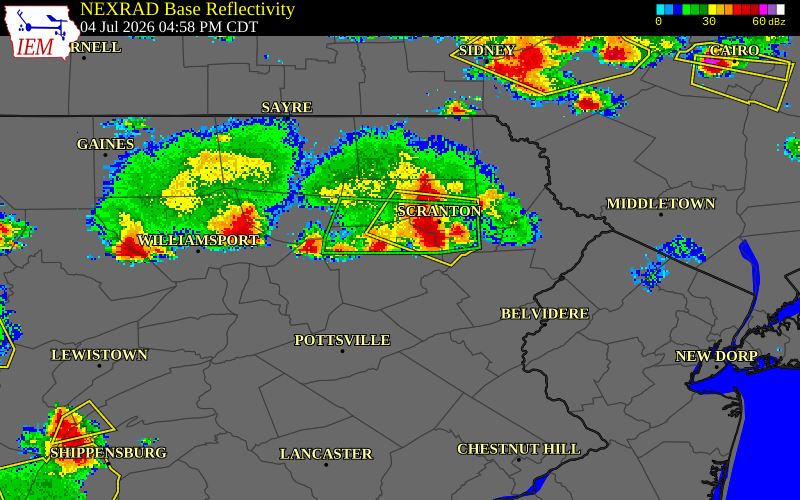 NEXRAD radar during the Saturday, July 4, 2026 storm activity in Luzerne County, Pennsylvania