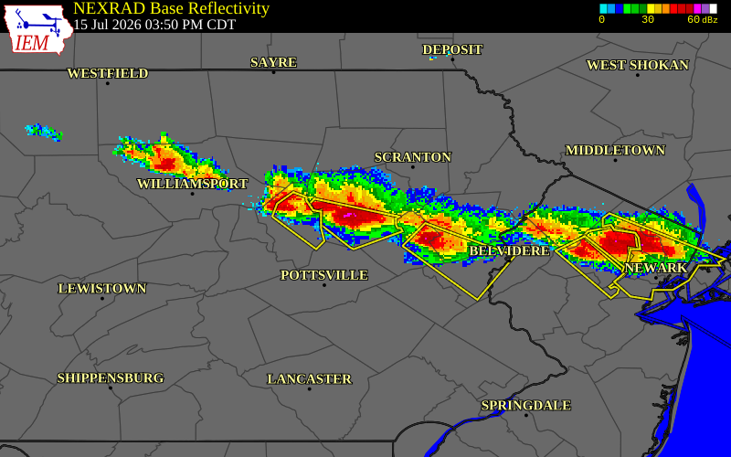 NEXRAD radar during the Wednesday, July 15, 2026 storm activity in Luzerne County, Pennsylvania