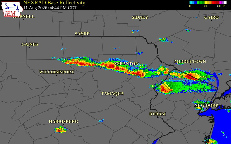NEXRAD radar during the Tuesday, August 11, 2026 storm activity in Luzerne County, Pennsylvania