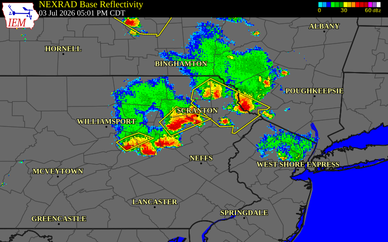 Radar snapshot during the Jul 3, 2026 wind event near Avoca, Luzerne County, Pennsylvania, with NWS warning polygons