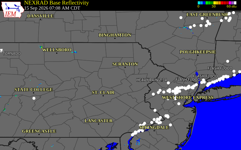Current NEXRAD radar over Luzerne County, Pennsylvania with recent storm report locations