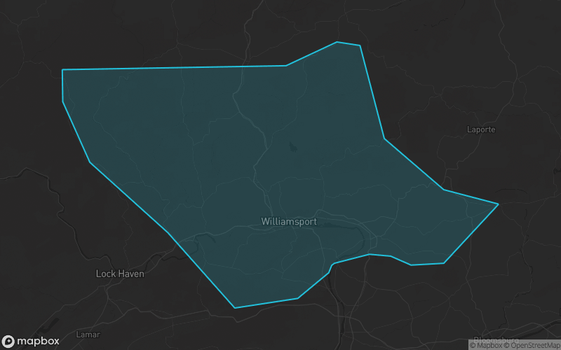 Map of Lycoming County, Pennsylvania showing the county boundary and surrounding cities