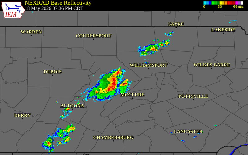 NEXRAD radar during the Monday, May 18, 2026 storm activity in Lycoming County, Pennsylvania