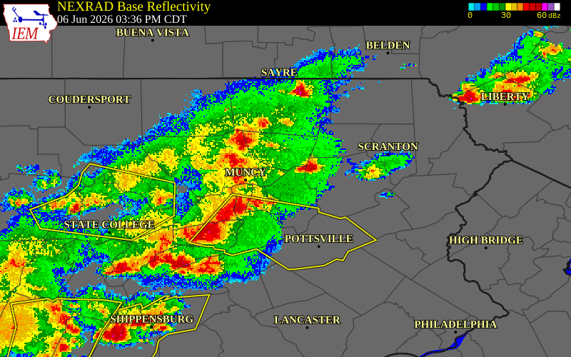 NEXRAD radar during the Saturday, June 6, 2026 storm activity in Lycoming County, Pennsylvania