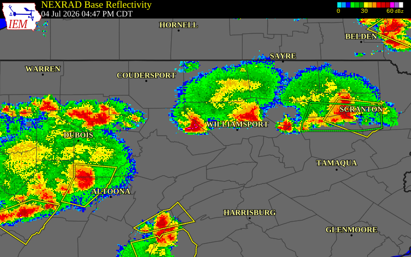 NEXRAD radar during the Saturday, July 4, 2026 storm activity in Lycoming County, Pennsylvania