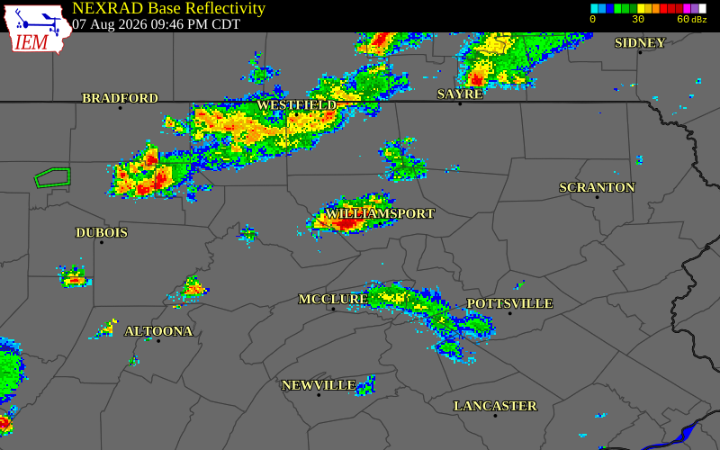 NEXRAD radar during the Friday, August 7, 2026 storm activity in Lycoming County, Pennsylvania