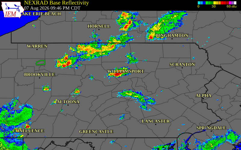 Radar snapshot during the Aug 7, 2026 wind event near Lycoming County, Lycoming County, Pennsylvania, with NWS warning polygons