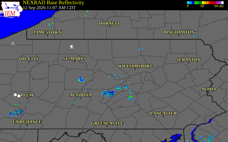 Current NEXRAD radar over Lycoming County, Pennsylvania with recent storm report locations