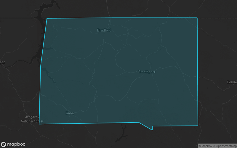 Map of McKean County, Pennsylvania showing the county boundary and surrounding cities