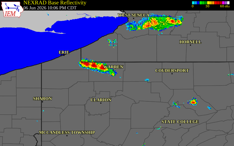 NEXRAD radar during the Saturday, June 6, 2026 storm activity in McKean County, Pennsylvania