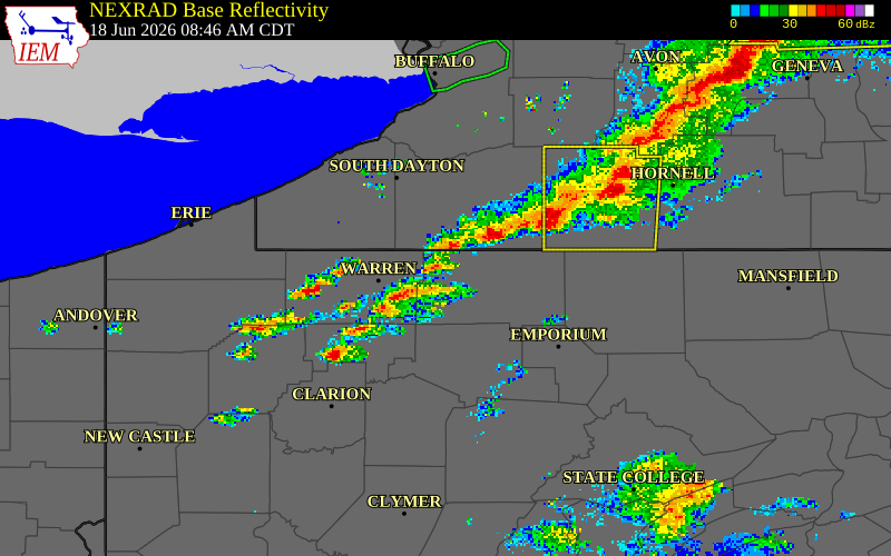 NEXRAD radar during the Thursday, June 18, 2026 storm activity in McKean County, Pennsylvania