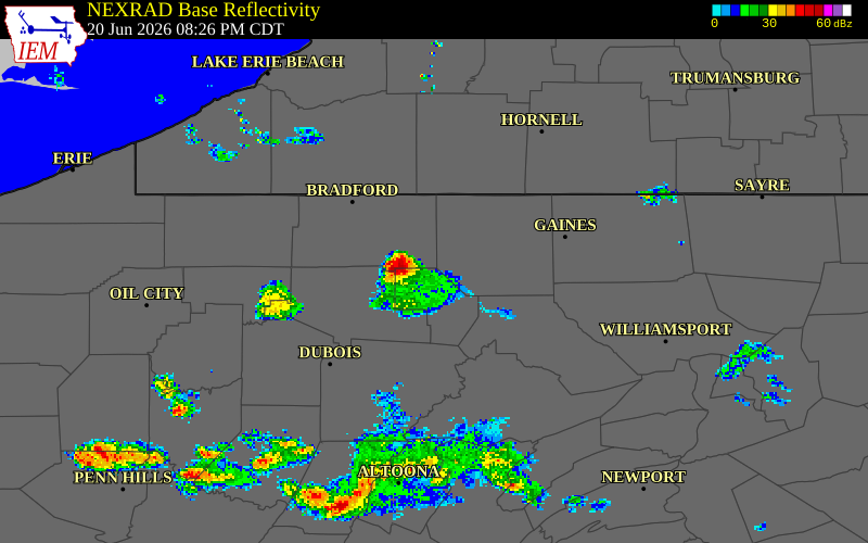 NEXRAD radar during the Saturday, June 20, 2026 storm activity in McKean County, Pennsylvania