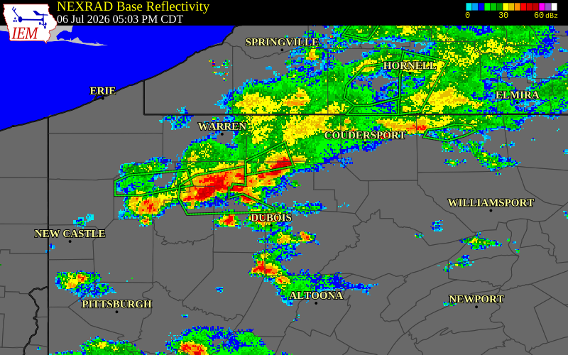 NEXRAD radar during the Monday, July 6, 2026 storm activity in McKean County, Pennsylvania