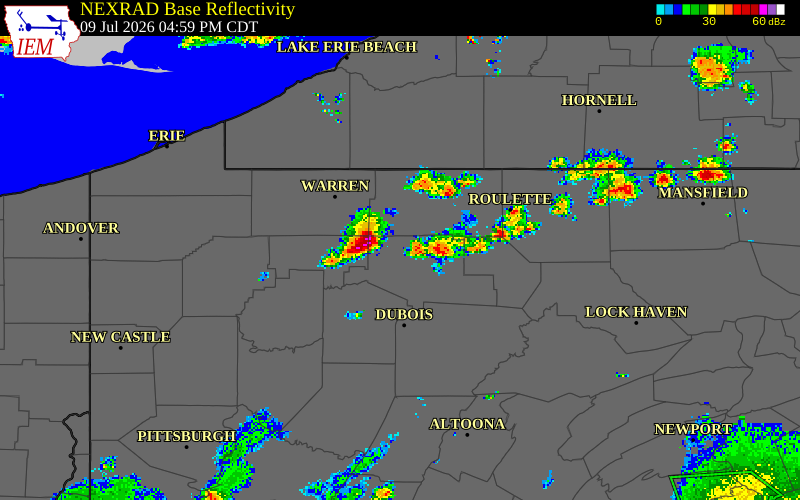 NEXRAD radar during the Thursday, July 9, 2026 storm activity in McKean County, Pennsylvania