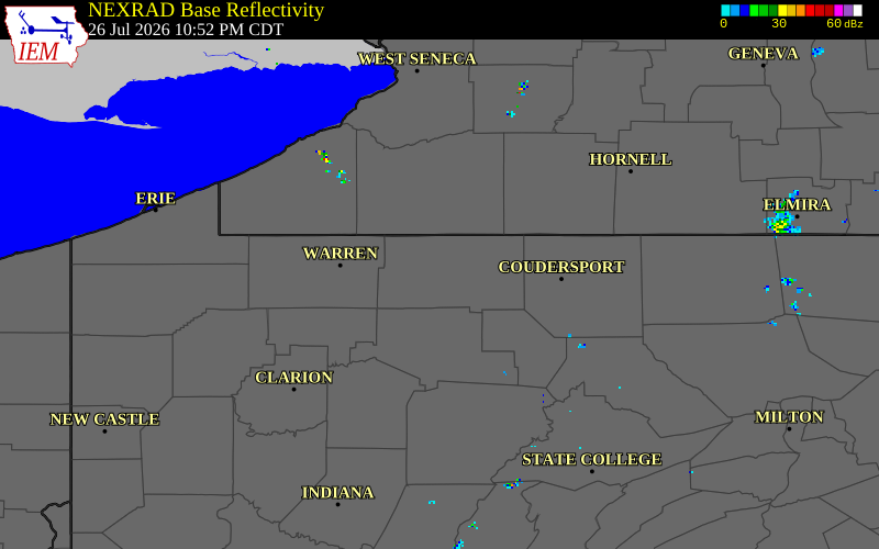 NEXRAD radar during the Sunday, July 26, 2026 storm activity in McKean County, Pennsylvania