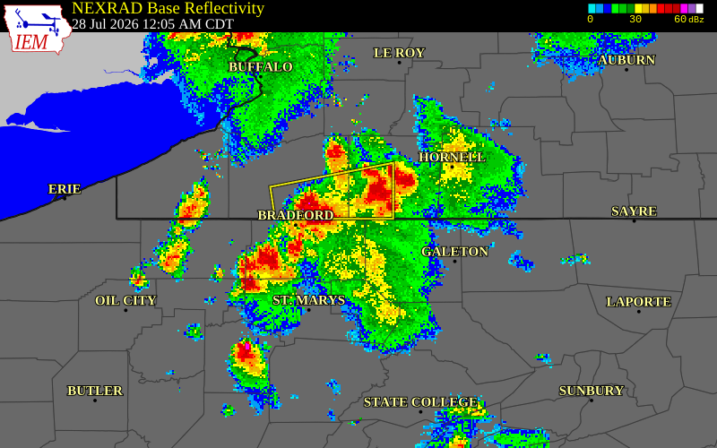 NEXRAD radar during the Tuesday, July 28, 2026 storm activity in McKean County, Pennsylvania