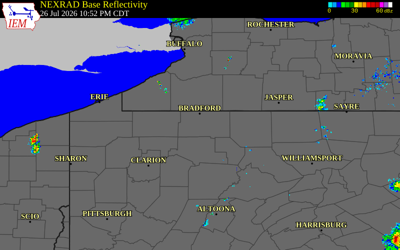 Radar snapshot during the Jul 26, 2026 wind event near Bradford Airport, McKean County, Pennsylvania, with NWS warning polygons