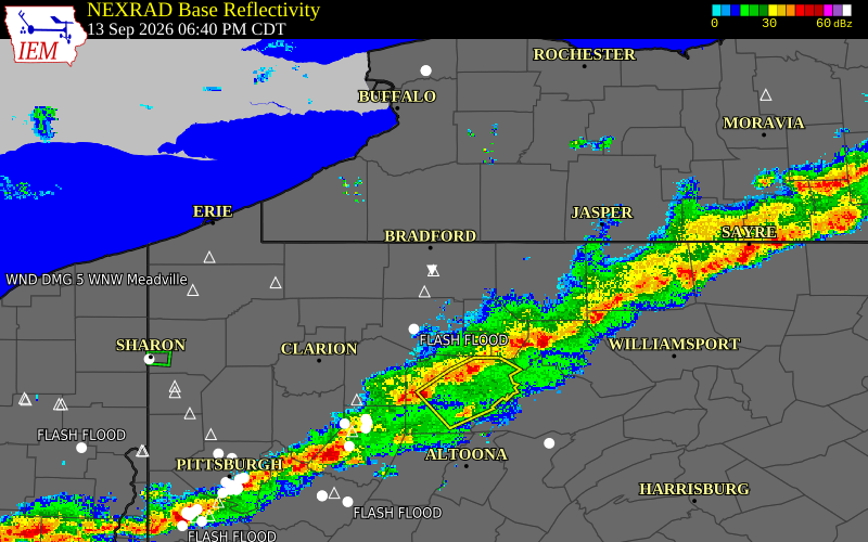 Current NEXRAD radar over McKean County, Pennsylvania with recent storm report locations
