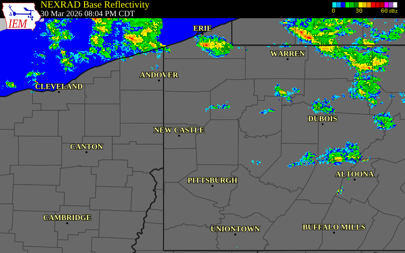 NEXRAD radar during the Monday, March 30, 2026 storm activity in Mercer County, Pennsylvania