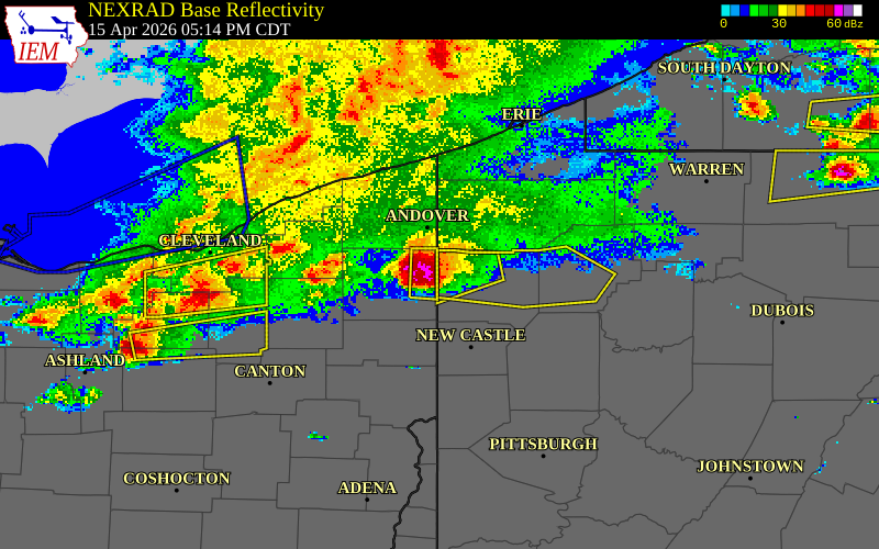 NEXRAD radar during the Wednesday, April 15, 2026 storm activity in Mercer County, Pennsylvania