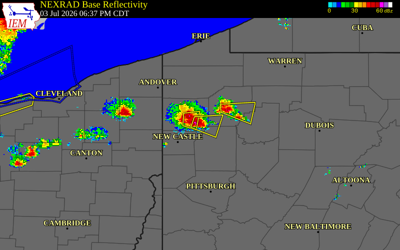 NEXRAD radar during the Friday, July 3, 2026 storm activity in Mercer County, Pennsylvania