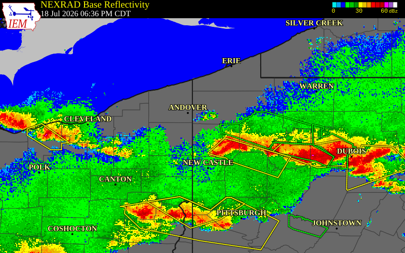 NEXRAD radar during the Saturday, July 18, 2026 storm activity in Mercer County, Pennsylvania