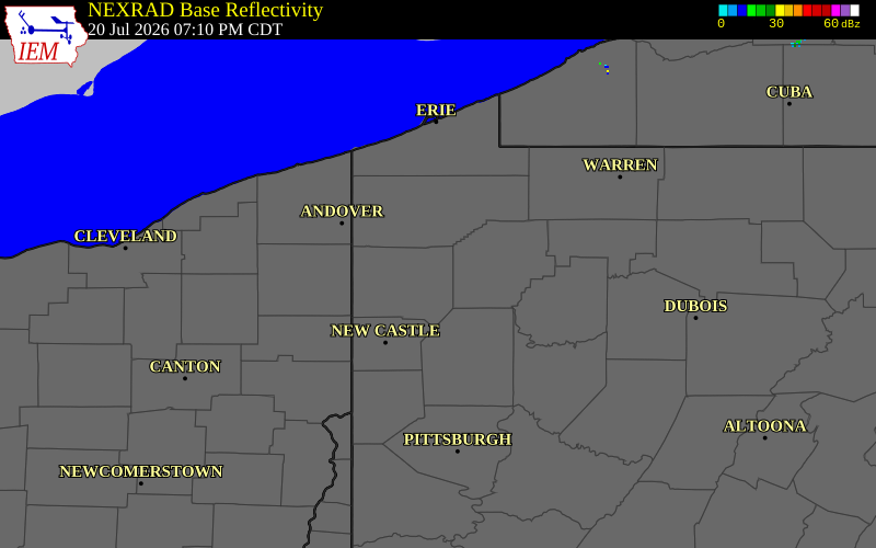 NEXRAD radar during the Monday, July 20, 2026 storm activity in Mercer County, Pennsylvania
