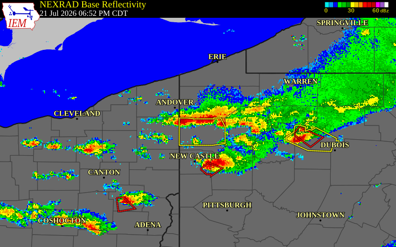 NEXRAD radar during the Tuesday, July 21, 2026 storm activity in Mercer County, Pennsylvania
