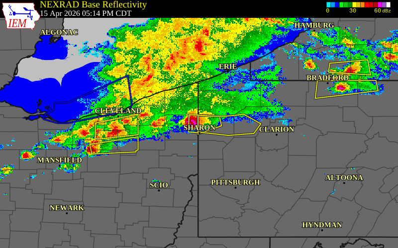 Radar snapshot during the Apr 15, 2026 hail event near 2 NE Orangeville, Mercer County, Pennsylvania, with NWS warning polygons