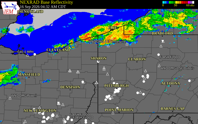 Current NEXRAD radar over Mercer County, Pennsylvania with recent storm report locations