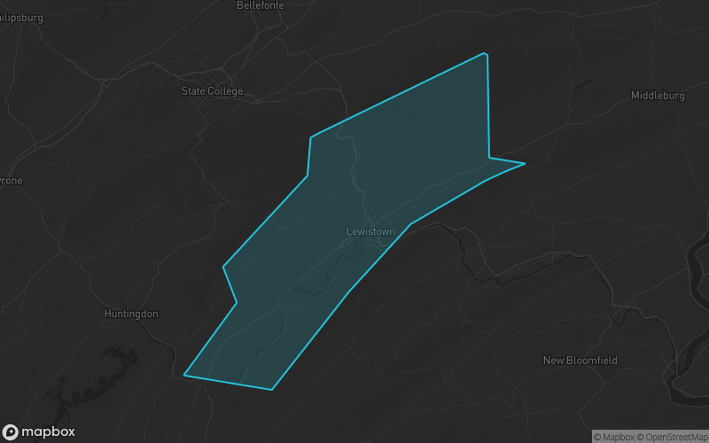 Map of Mifflin County, Pennsylvania showing the county boundary and surrounding cities