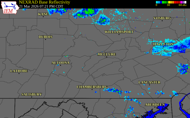 NEXRAD radar during the Saturday, March 21, 2026 storm activity in Mifflin County, Pennsylvania