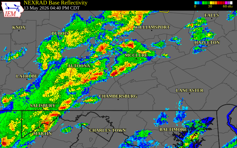NEXRAD radar during the Wednesday, May 13, 2026 storm activity in Mifflin County, Pennsylvania