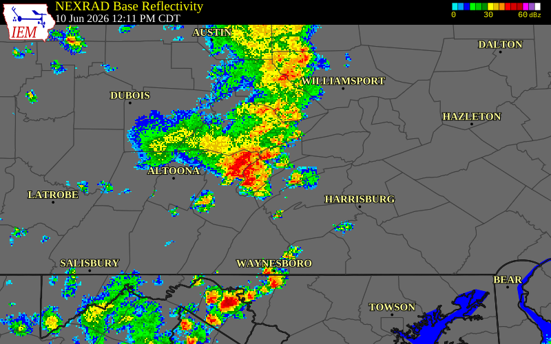 NEXRAD radar during the Wednesday, June 10, 2026 storm activity in Mifflin County, Pennsylvania