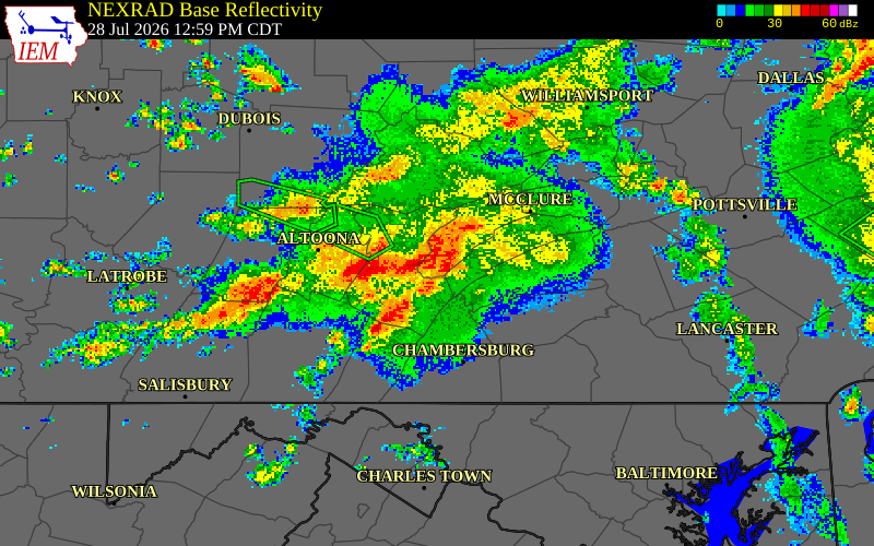 NEXRAD radar during the Tuesday, July 28, 2026 storm activity in Mifflin County, Pennsylvania