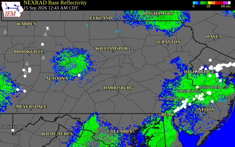Current NEXRAD radar over Mifflin County, Pennsylvania with recent storm report locations