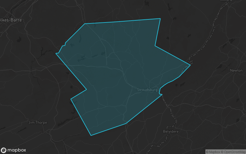 Map of Monroe County, Pennsylvania showing the county boundary and surrounding cities