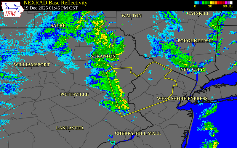 NEXRAD radar during the Friday, December 19, 2025 storm activity in Monroe County, Pennsylvania