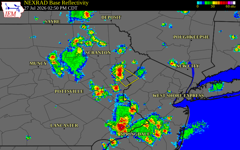 NEXRAD radar during the Monday, July 27, 2026 storm activity in Monroe County, Pennsylvania