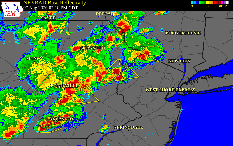 NEXRAD radar during the Friday, August 7, 2026 storm activity in Monroe County, Pennsylvania