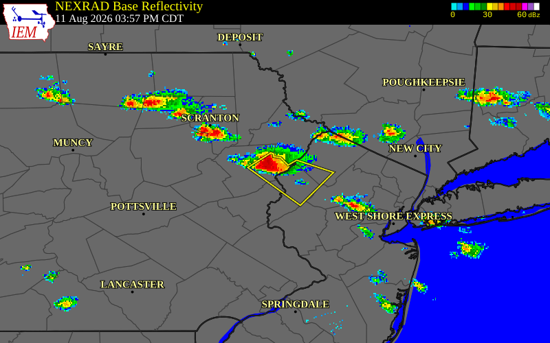 NEXRAD radar during the Tuesday, August 11, 2026 storm activity in Monroe County, Pennsylvania