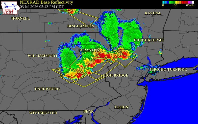 Radar snapshot during the Jul 3, 2026 wind event near Pocono Mountains Munici, Monroe County, Pennsylvania, with NWS warning polygons