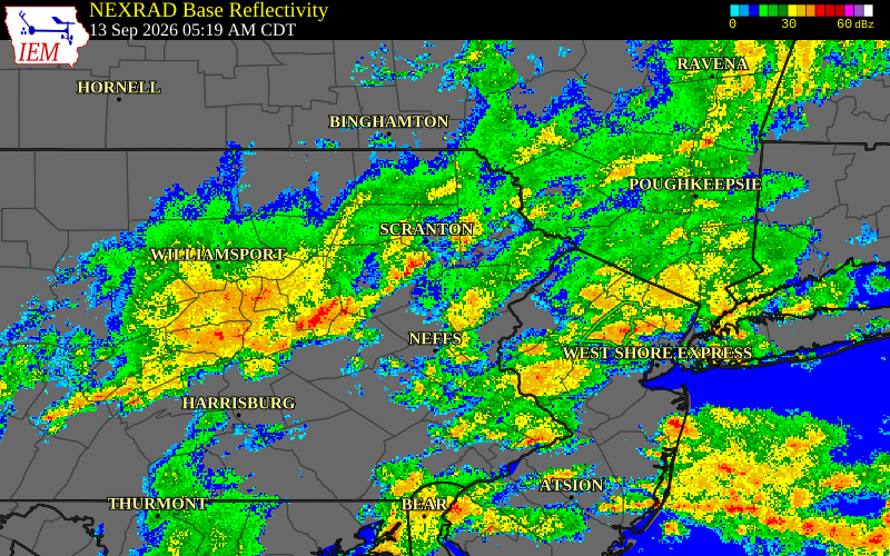 Current NEXRAD radar over Monroe County, Pennsylvania with recent storm report locations